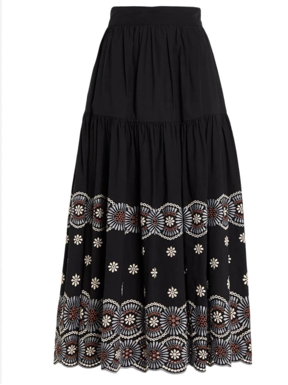 Vanessa Bruno Aoda Noir Black Embroidered Tiered Maxi Skirt 6/38